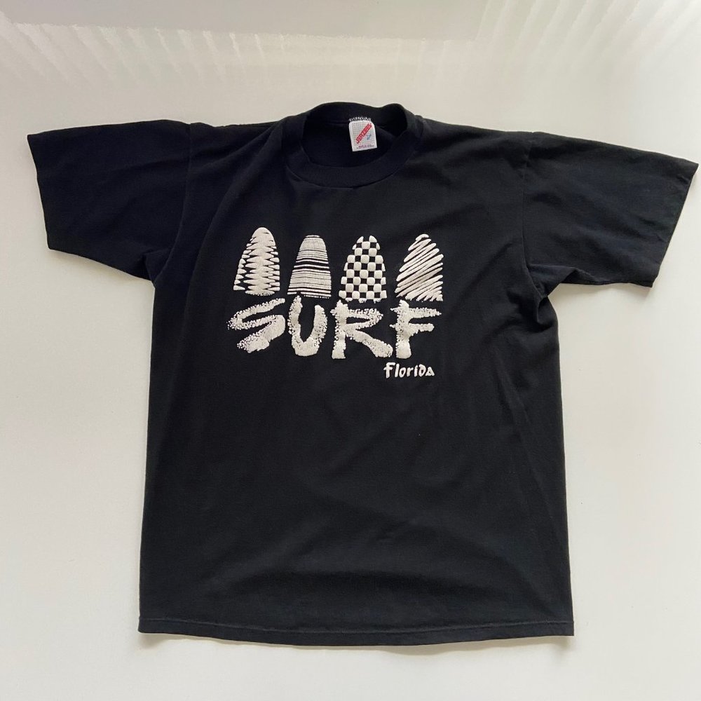 Vintage 90s Surf Florida T-Shirt Mens Large Black Beach Surfing USA Jerzees Tee